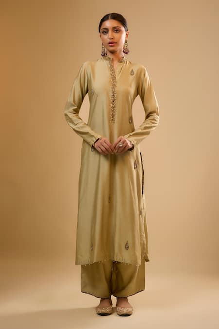 Label Niti Bothra_Green Silk Embroidery Mandarin Collar Butti Kurta With Pant _Online_at_Aza_Fashions