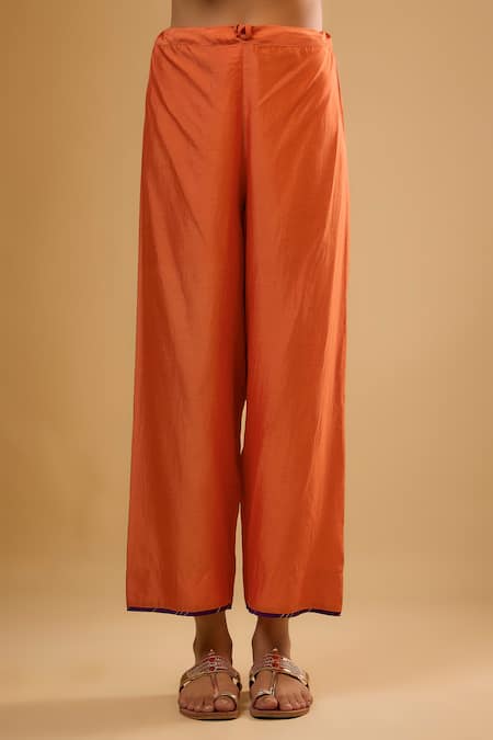 Buy_Label Niti Bothra_Orange Silk Embroidery Split V-neck Yoke Kurta With Pant _Online_at_Aza_Fashions