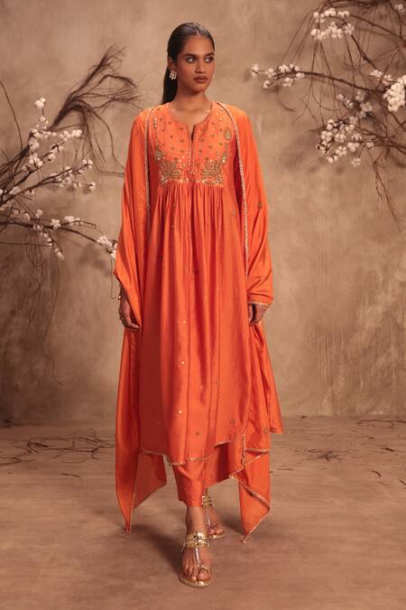 Label Niti Bothra_Orange Silk Embroidery Round Neck Yoke Kurta With Pant _Online_at_Aza_Fashions