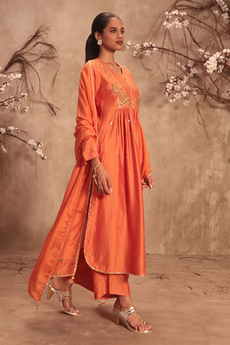 Buy_Label Niti Bothra_Orange Silk Embroidery Round Neck Yoke Kurta With Pant _Online_at_Aza_Fashions