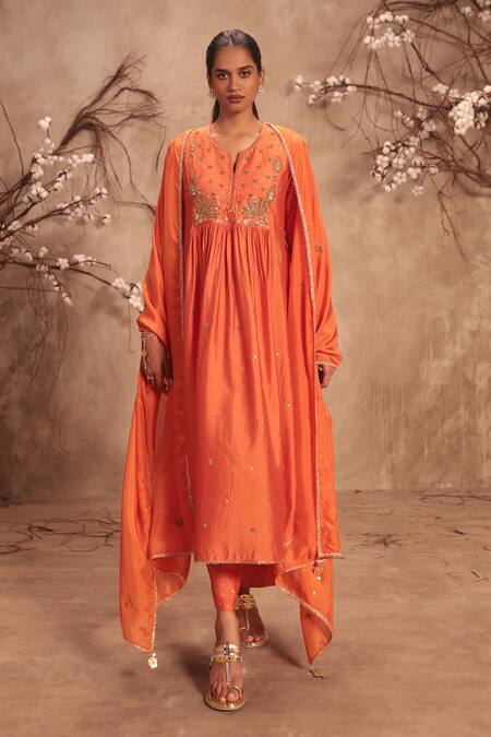Shop_Label Niti Bothra_Orange Silk Embroidery Round Neck Yoke Kurta With Pant _Online_at_Aza_Fashions