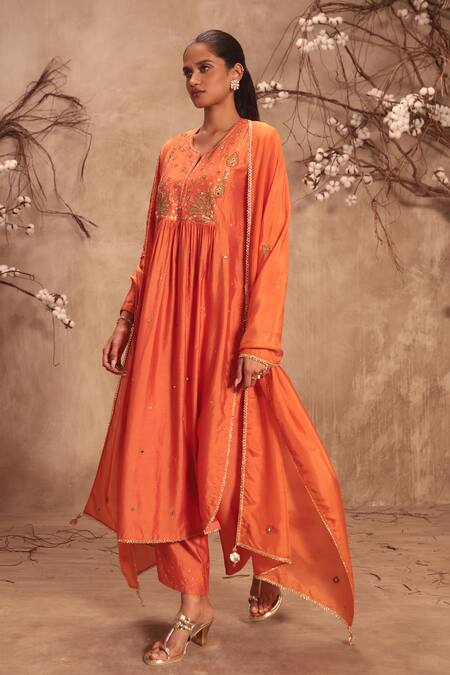 Label Niti Bothra_Orange Silk Embroidery Round Neck Yoke Kurta With Pant _at_Aza_Fashions