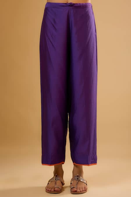 Label Niti Bothra_Purple Silk Embroidery Split V-neck Yoke Kurta With Pant _Online_at_Aza_Fashions