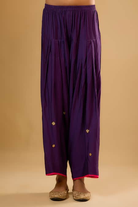 Label Niti Bothra_Purple Silk Sequins Round Neck Lotus Yoke Kurta With Pant _Online_at_Aza_Fashions