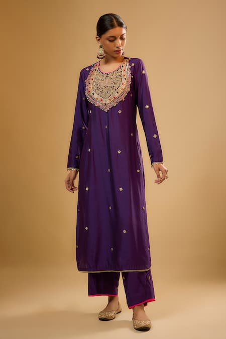 Buy_Label Niti Bothra_Purple Silk Sequins Round Neck Lotus Yoke Kurta With Pant _Online_at_Aza_Fashions
