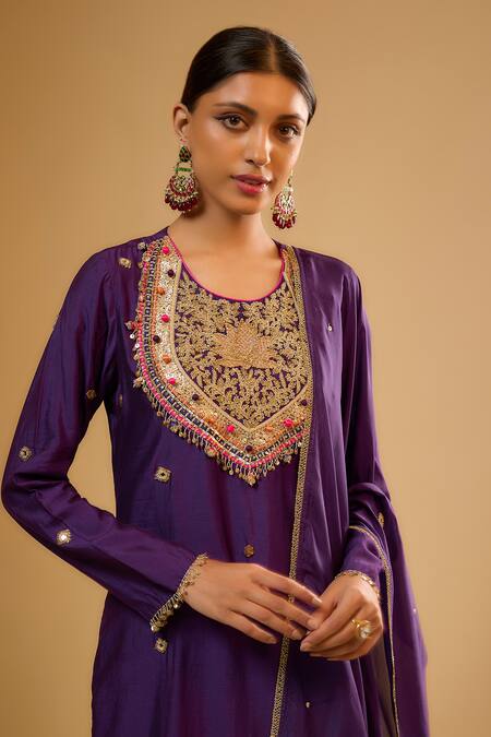 Shop_Label Niti Bothra_Purple Silk Sequins Round Neck Lotus Yoke Kurta With Pant _Online_at_Aza_Fashions