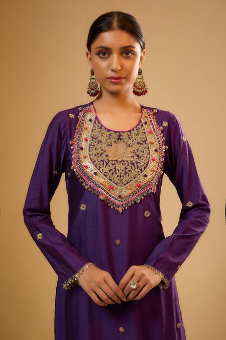 Label Niti Bothra_Purple Silk Sequins Round Neck Lotus Yoke Kurta With Pant _at_Aza_Fashions