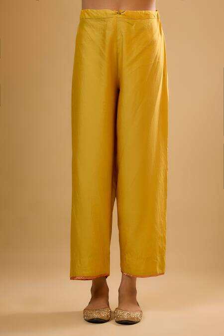 Label Niti Bothra_Yellow Silk Embroidery Split V-neck Yoke Kurta With Pant _Online_at_Aza_Fashions