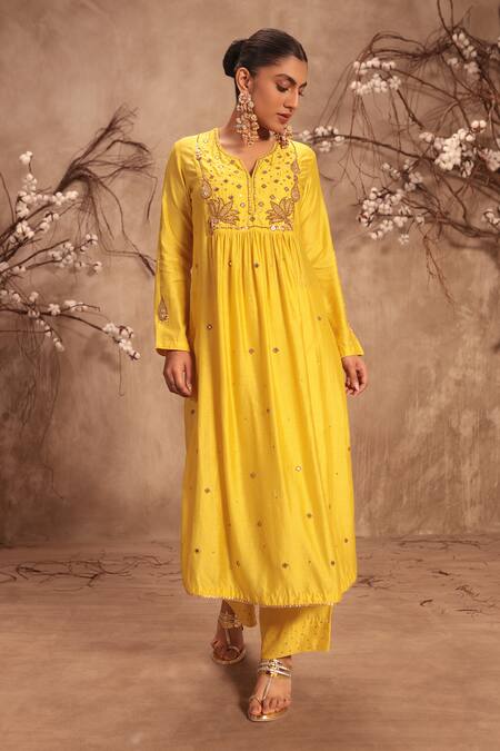 Shop_Label Niti Bothra_Yellow Silk Embroidery Notched Neck Yoke Kurta With Pant _Online_at_Aza_Fashions