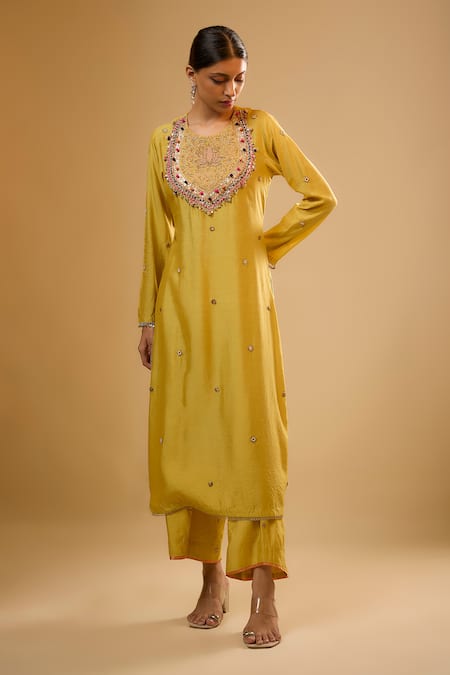 Label Niti Bothra_Yellow Silk Embroidery Round Neck Lotus Yoke Kurta With Pant _Online_at_Aza_Fashions