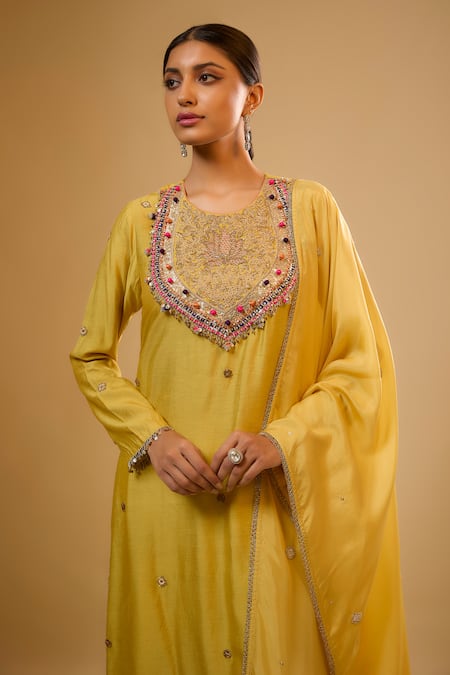 Shop_Label Niti Bothra_Yellow Silk Embroidery Round Neck Lotus Yoke Kurta With Pant _Online_at_Aza_Fashions