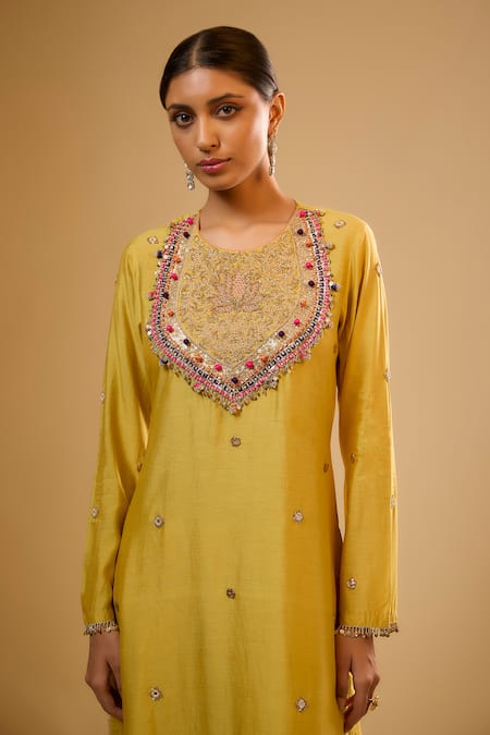 Label Niti Bothra_Yellow Silk Embroidery Round Neck Lotus Yoke Kurta With Pant _at_Aza_Fashions