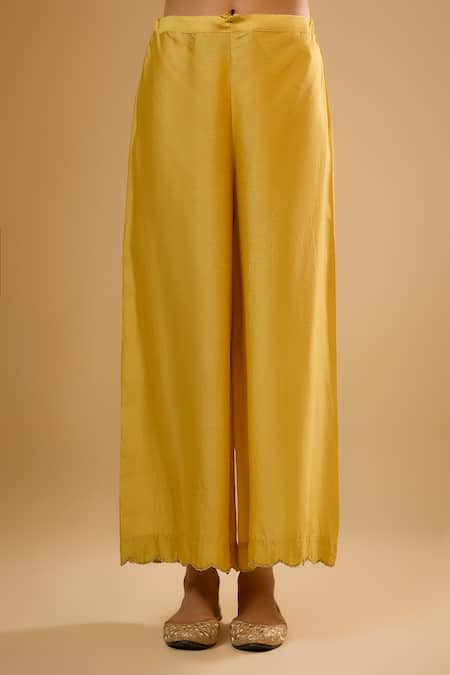 Label Niti Bothra_Yellow Silk Sequins V-neck Stripe Yoke Kurta With Pant _Online_at_Aza_Fashions