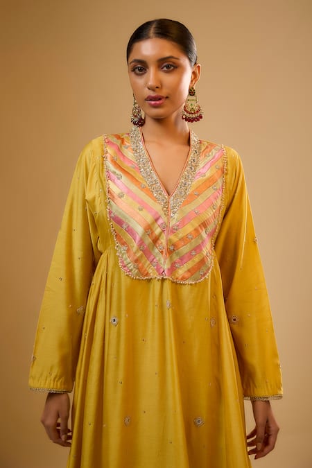 Label Niti Bothra_Yellow Silk Sequins V-neck Stripe Yoke Kurta With Pant _at_Aza_Fashions