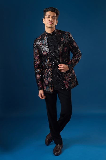 Rng Safawala Black Velvet Sequins, Embroidery Coal Velour Bandhgala Set
