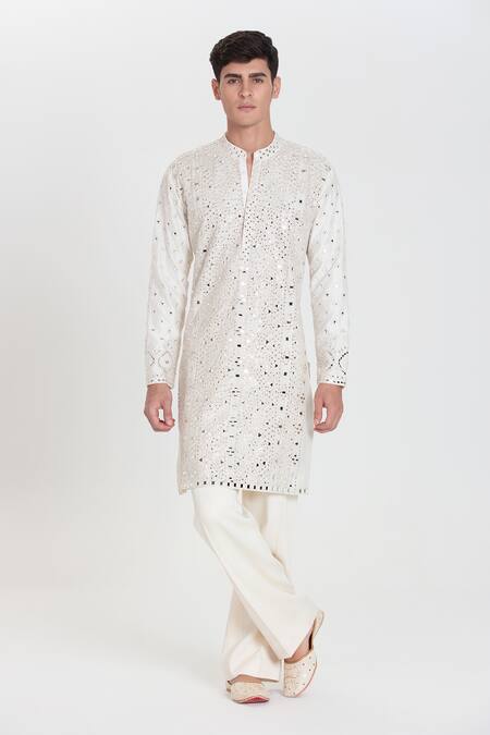 Buy Abhinav Mishra Ivory Chanderi Embroidery, Mirrors Heavy Kurta Pant Set Online at Aza Fashions Buy_Abhinav Mishra_Ivory Chanderi Embroidery, Mirrors Heavy Kurta Pant Set _Online_at_Aza_Fashions