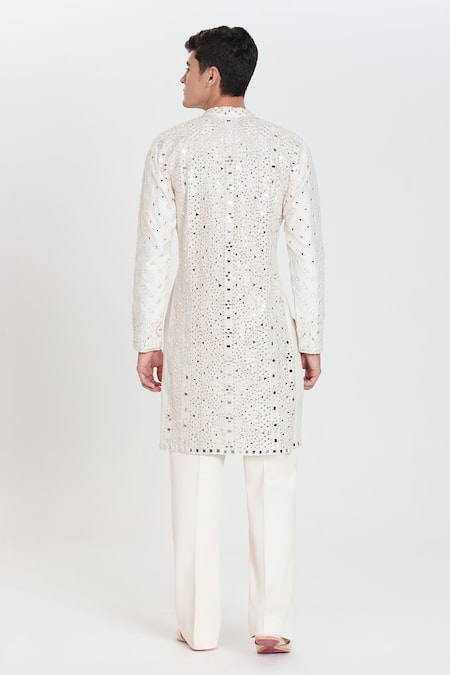 Shop Abhinav Mishra Ivory Chanderi Embroidery, Mirrors Heavy Kurta Pant Set at Aza Fashions Shop_Abhinav Mishra_Ivory Chanderi Embroidery, Mirrors Heavy Kurta Pant Set _at_Aza_Fashions