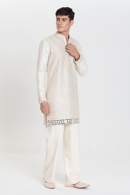 Buy_Abhinav Mishra_Ivory Chanderi Embroidery, Mirrors Heavy Kurta Pant Set _Online_at_Aza_Fashions