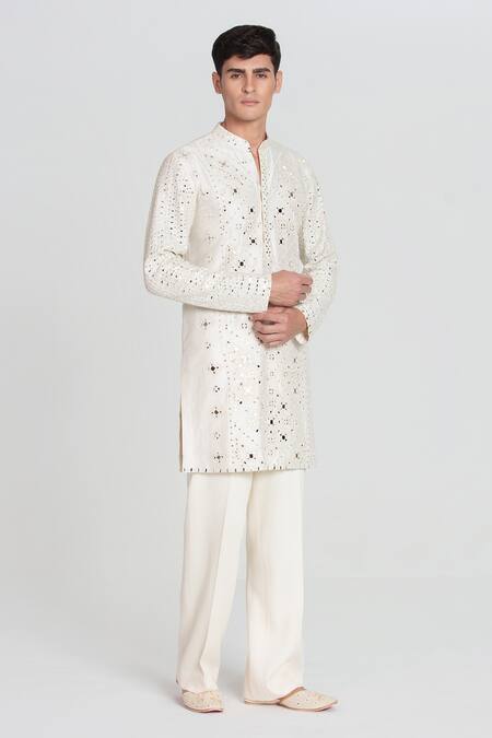 Abhinav Mishra_Ivory Chanderi Embroidery Heavy Kurta Pant Set _Online_at_Aza_Fashions