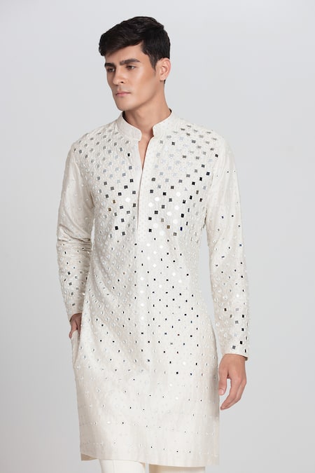 Buy_Abhinav Mishra_Ivory Chanderi Embroidery, Mirrors Resham Work Kurta Set _Online_at_Aza_Fashions