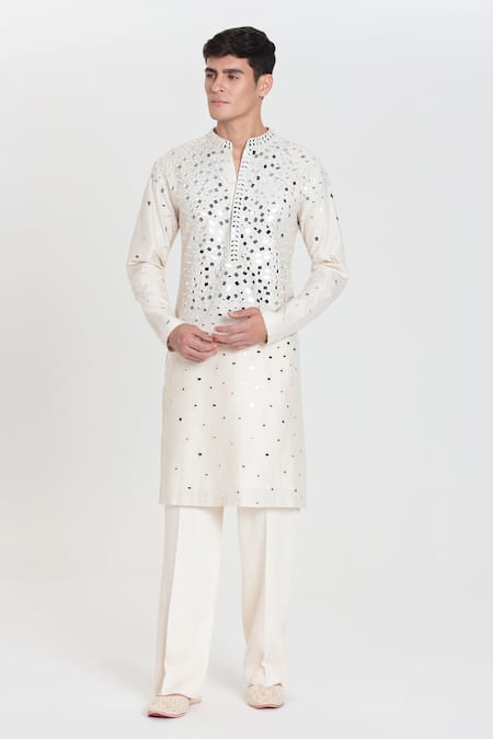 Buy_Abhinav Mishra_Ivory Chanderi Embroidery, Mirrors Designer Kurta Set _Online_at_Aza_Fashions