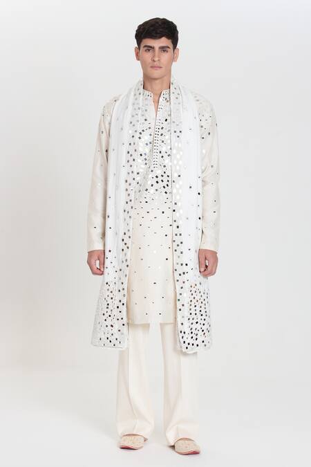Shop_Abhinav Mishra_Ivory Chanderi Embroidery, Mirrors Designer Kurta Set _Online_at_Aza_Fashions
