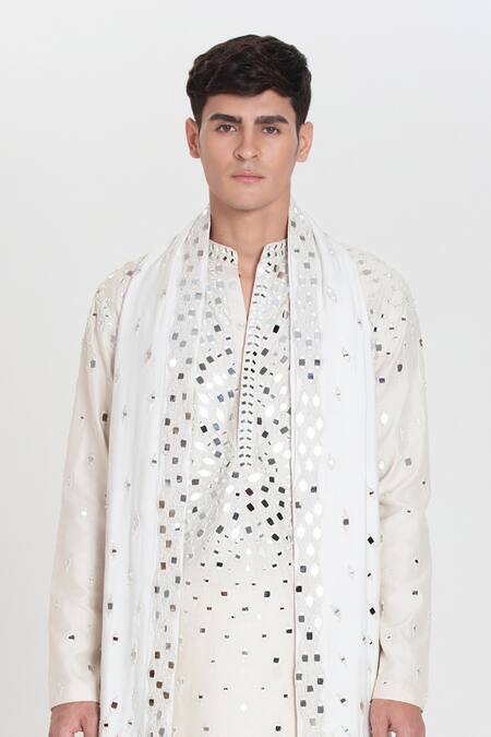 Abhinav Mishra_Ivory Chanderi Embroidery, Mirrors Designer Kurta Set _at_Aza_Fashions