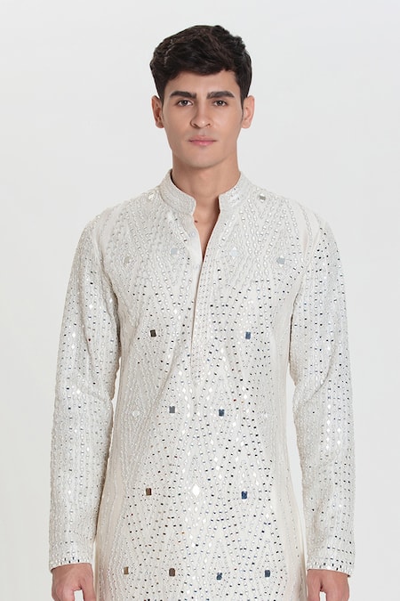 Shop_Abhinav Mishra_Ivory Chanderi Embroidery, Mirrors Designer Kurta Set _Online_at_Aza_Fashions