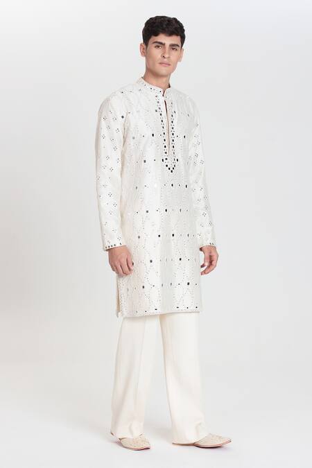 Shop_Abhinav Mishra_Ivory Chanderi Embroidery, Mirrors Designer Kurta Set _Online_at_Aza_Fashions