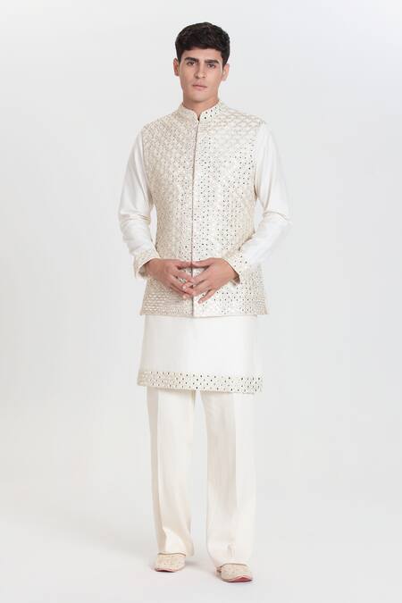 Buy_Abhinav Mishra_Ivory Chanderi Embroidery, Mirrors Designer Nehru Jacket Set _Online_at_Aza_Fashions