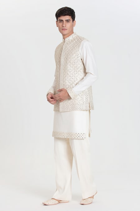 Shop_Abhinav Mishra_Ivory Chanderi Embroidery, Mirrors Designer Nehru Jacket Set _Online_at_Aza_Fashions