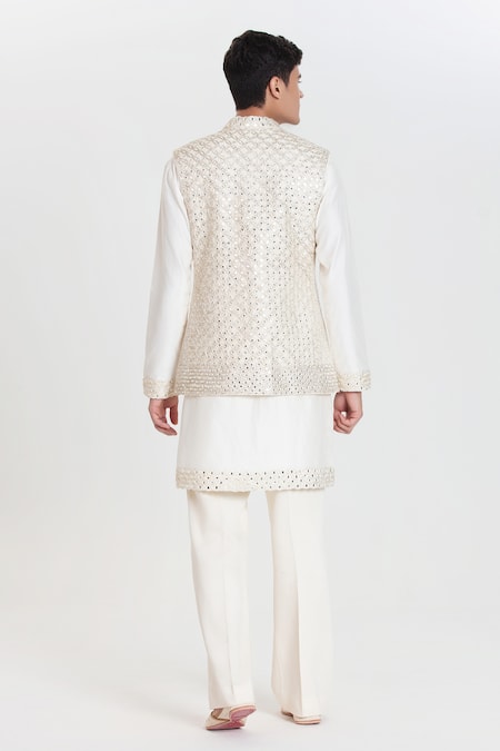 Abhinav Mishra Designer Ivory Chanderi Nehru Jacket Set 