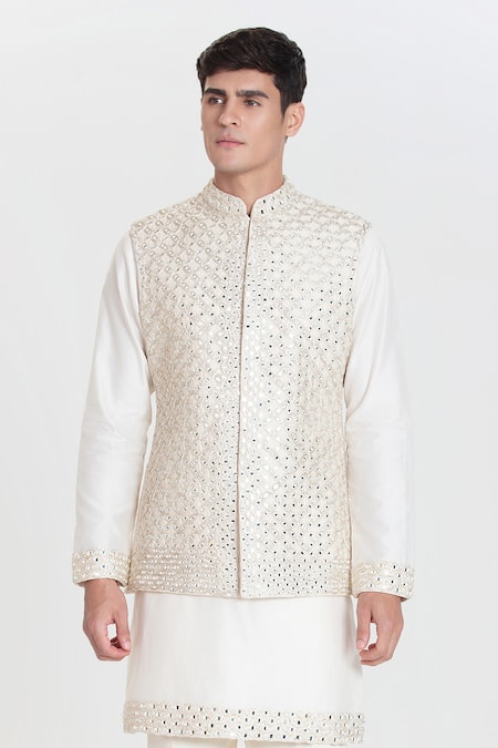 Abhinav Mishra_Ivory Chanderi Embroidery, Mirrors Designer Nehru Jacket Set _at_Aza_Fashions