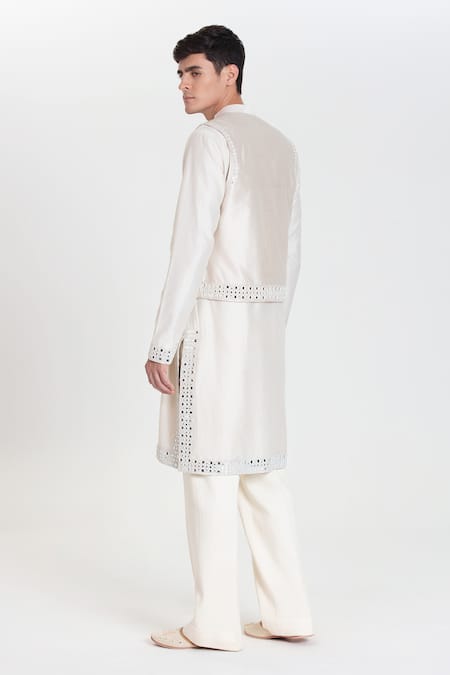 Abhinav Mishra_Ivory Chanderi Embroidery, Mirrors Resham Work Nehru Jacket Set _Online_at_Aza_Fashions
