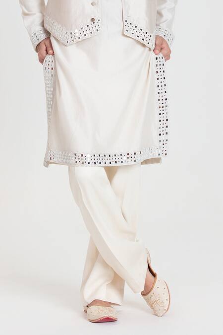 Buy_Abhinav Mishra_Ivory Chanderi Embroidery, Mirrors Resham Work Nehru Jacket Set _Online_at_Aza_Fashions