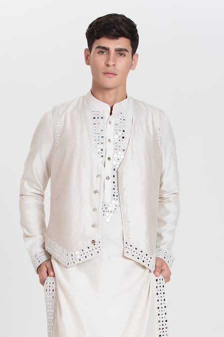 Shop_Abhinav Mishra_Ivory Chanderi Embroidery, Mirrors Resham Work Nehru Jacket Set _Online_at_Aza_Fashions