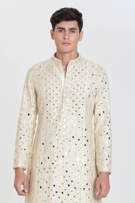 Shop_Abhinav Mishra_Ivory Chanderi Embroidery, Mirrors Heavy Kurta Pant Set _Online_at_Aza_Fashions