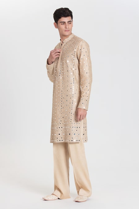 Abhinav Mishra_Beige Chanderi Embroidery, Mirrors Heavy Kurta Set _Online_at_Aza_Fashions