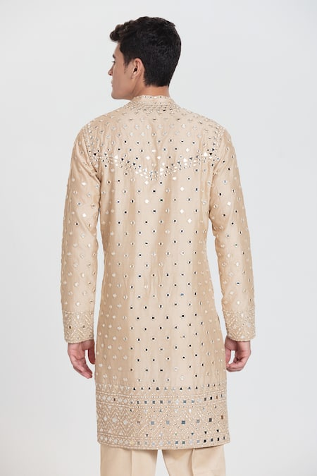 Buy_Abhinav Mishra_Beige Chanderi Embroidery, Mirrors Heavy Kurta Set _Online_at_Aza_Fashions