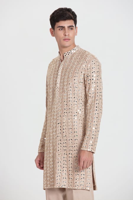 Abhinav Mishra_Beige Chanderi Embroidery, Mirrors Heavy Kurta Set _Online_at_Aza_Fashions