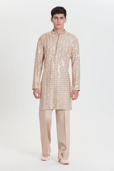 Buy_Abhinav Mishra_Beige Chanderi Embroidery, Mirrors Heavy Kurta Set _Online_at_Aza_Fashions