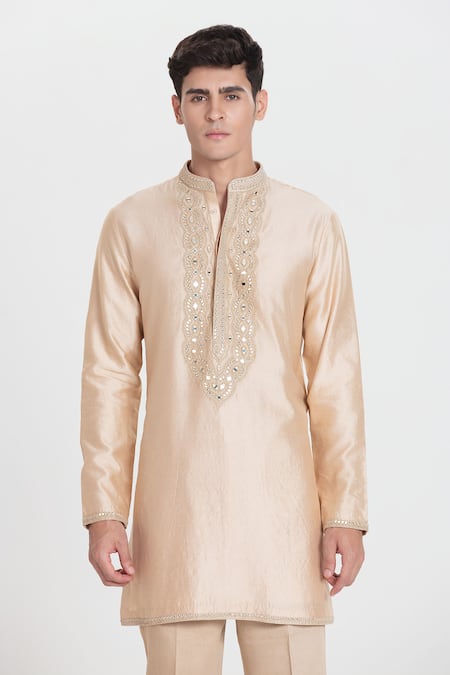 Abhinav Mishra_Beige Chanderi Embroidery, Mirrors Kurta Pant Dupatta Set _Online_at_Aza_Fashions