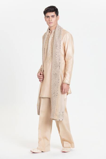 Buy_Abhinav Mishra_Beige Chanderi Embroidery, Mirrors Kurta Pant Dupatta Set _Online_at_Aza_Fashions