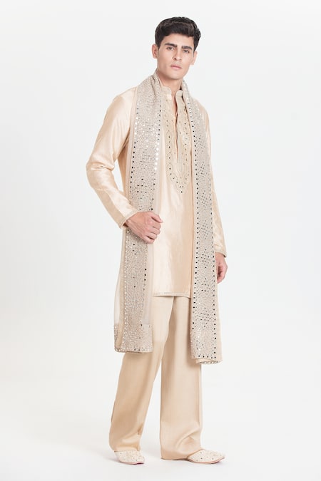 Abhinav Mishra Beige Chanderi Kurta Pant Dupatta Set 