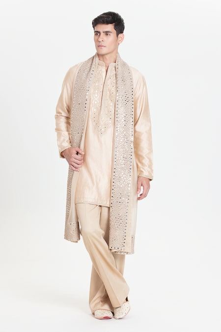 Abhinav Mishra Beige Chanderi Kurta Pant Dupatta Set 