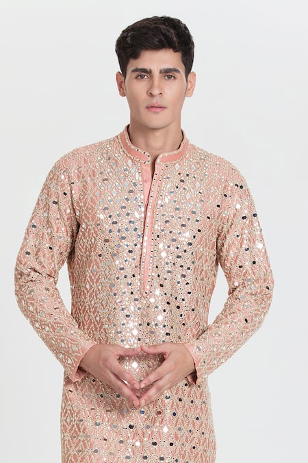 Abhinav Mishra_Pink Chanderi Mirrors, Embroidery Designer Light Salmon Kurta Set _Online_at_Aza_Fashions