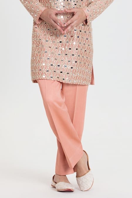 Buy_Abhinav Mishra_Pink Chanderi Mirrors, Embroidery Designer Light Salmon Kurta Set _Online_at_Aza_Fashions