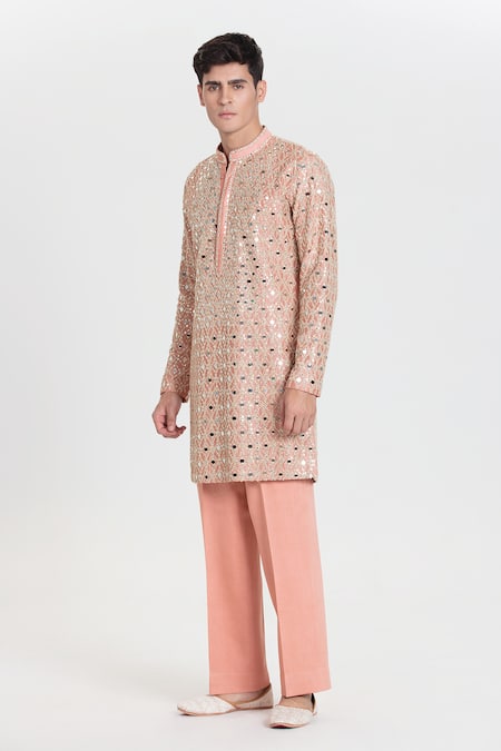 Shop_Abhinav Mishra_Pink Chanderi Mirrors, Embroidery Designer Light Salmon Kurta Set _Online_at_Aza_Fashions