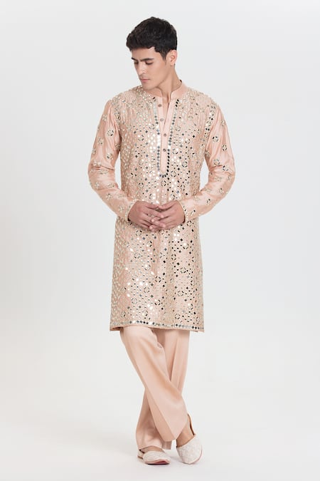 Abhinav Mishra Peach Chanderi Mirrors, Embroidery Designer Kurta Pant Set 