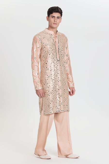 Abhinav Mishra_Peach Chanderi Mirrors, Embroidery Designer Kurta Pant Set _Online_at_Aza_Fashions